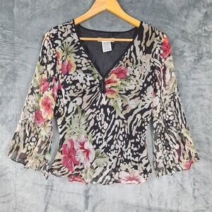 Vintage Womens Top Petite Medium Silk Romantic Floral Babydoll Y2K Fairy Dainty